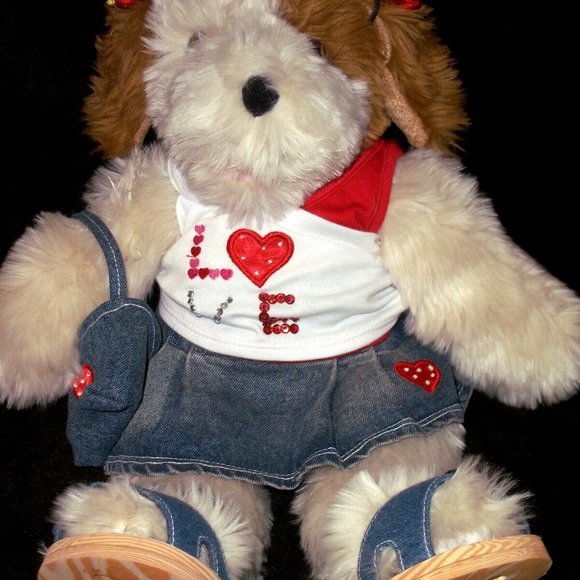 Other - 17" VINTAGE BUILD A BEAR WHITE BEIGE BROWN SHAGGY DOG W/ Valentines Day Clothes